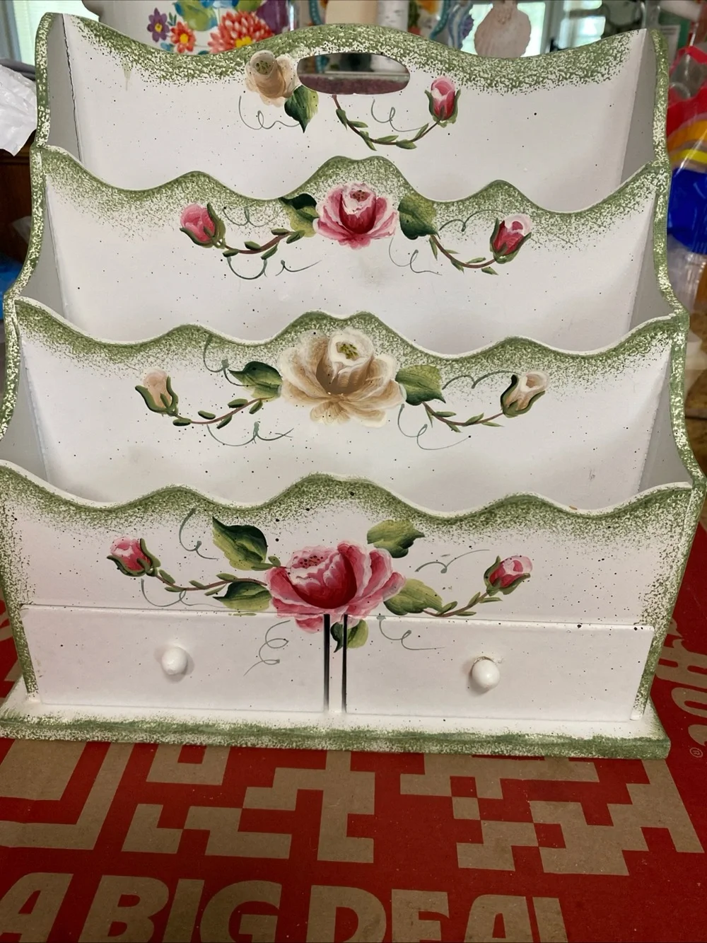 Hand-Painted Floral Wooden Mail & Storage Organizer in White and Pink